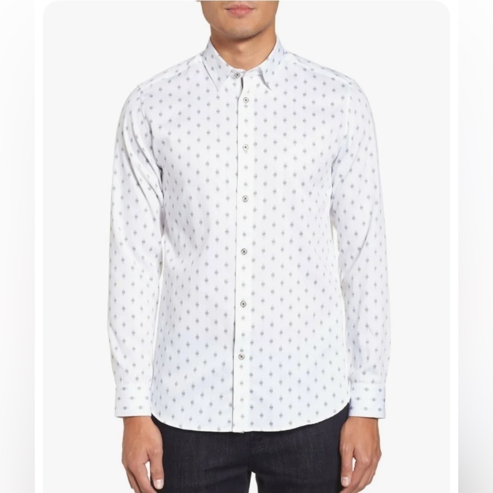 TED Baker London Men's White Printed Dot Diamond Button Front long sleeve Shirt
